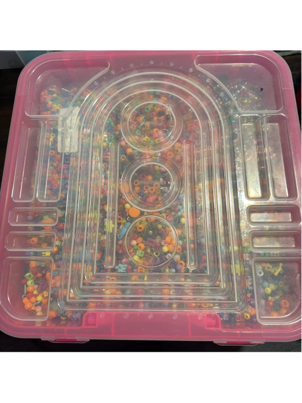 Extra large hot pink craft organizer With Multi-colored acrylic beads and charms